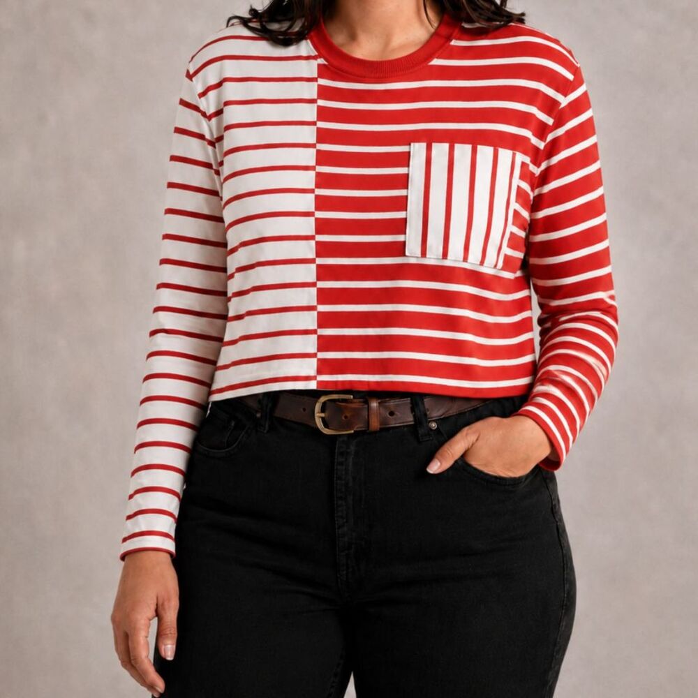 Cabi Red White Striped Knit Sweater Boxy Pullover Large